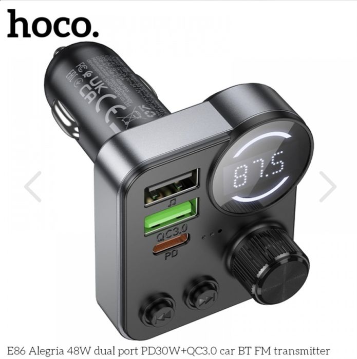 HOCO E86 FM 48W. модулатор трансмитер (2 USB изхода + 1USB-C, microSD,