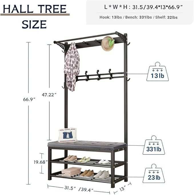 Намалено! Портмантo с пейка, гардероб с 10 куки, метална рамка, антре,