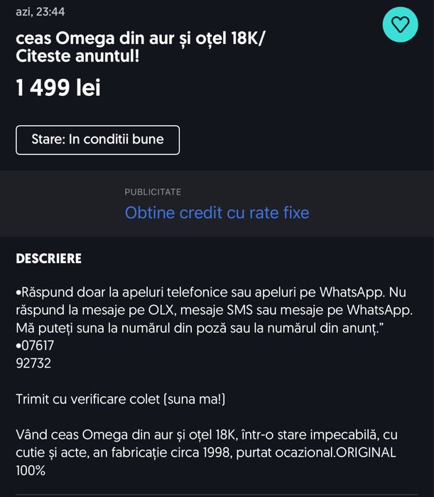 ceas Omega din aur și oțel 18K/Citeste anuntul!