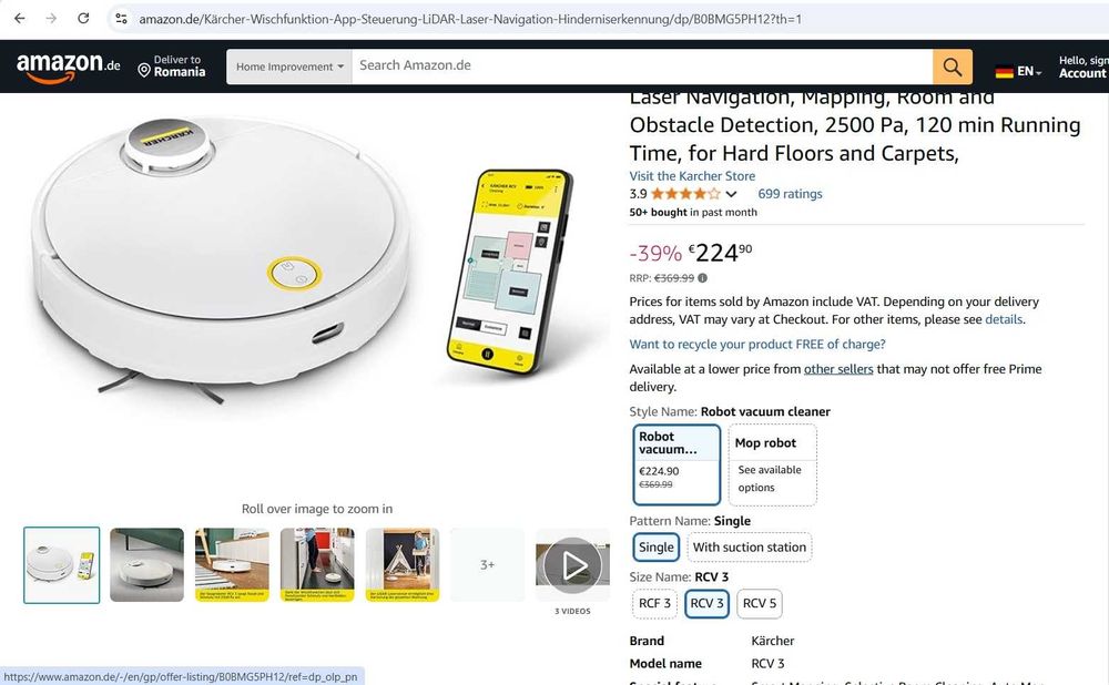 Robot aspirator Kärcher RCV 3 cu funcție de mop, laser LiDAR - defect