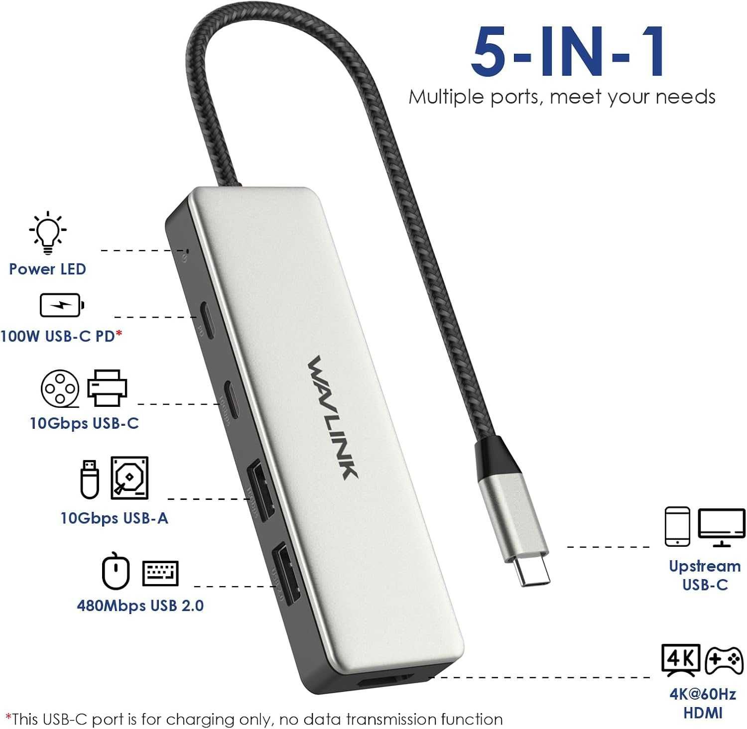 WAVLINK USB C 3.2 хъб HDMI, 10Gbps USB C към HDMI адаптер с 85W PD