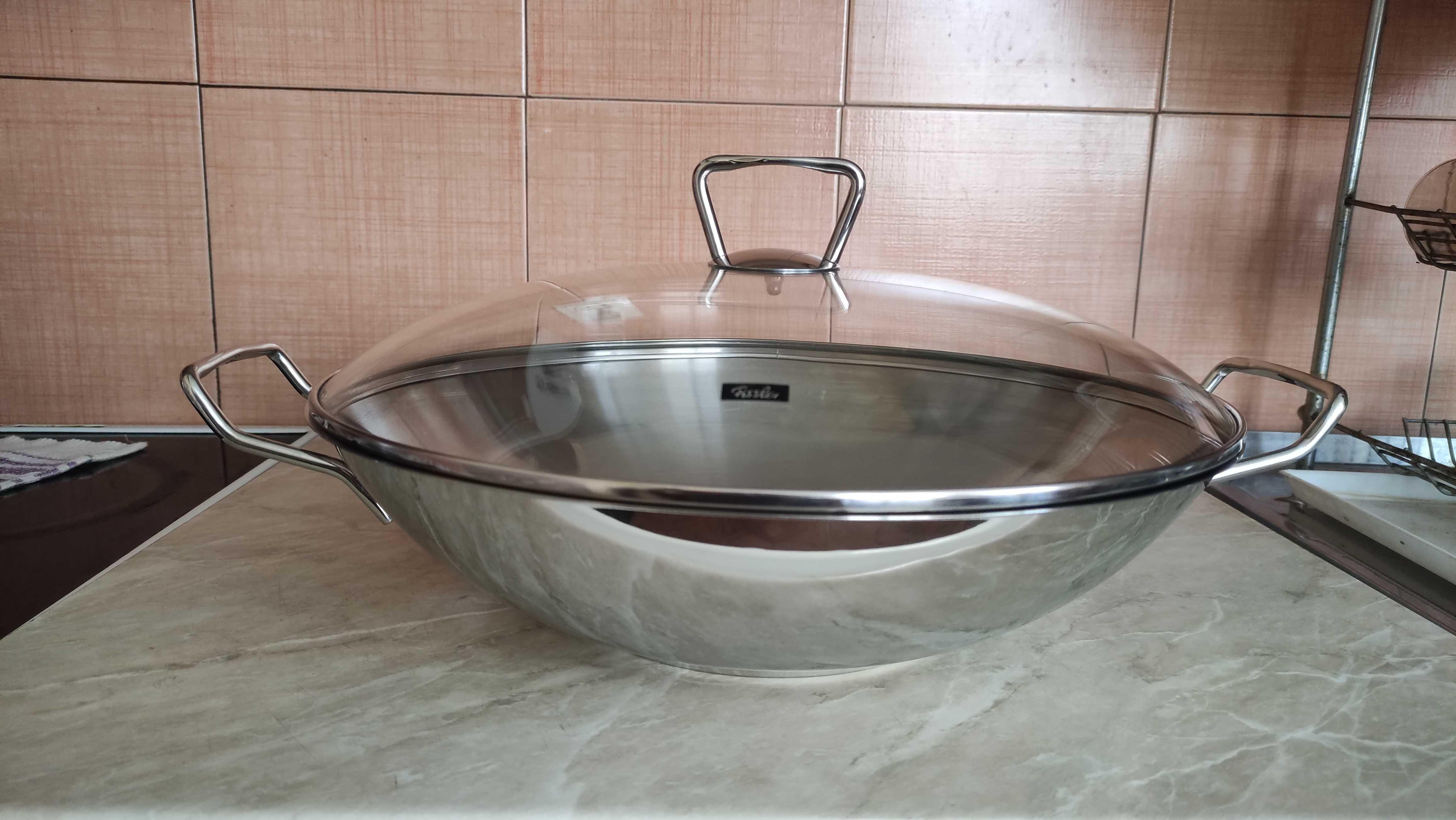 Fissler голям уок тиган от неръждаема стомана стъклен капак+индукция