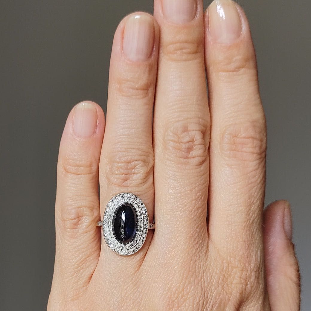 inel Art Deco, aur 18k, platina, safir, diamante, certif.