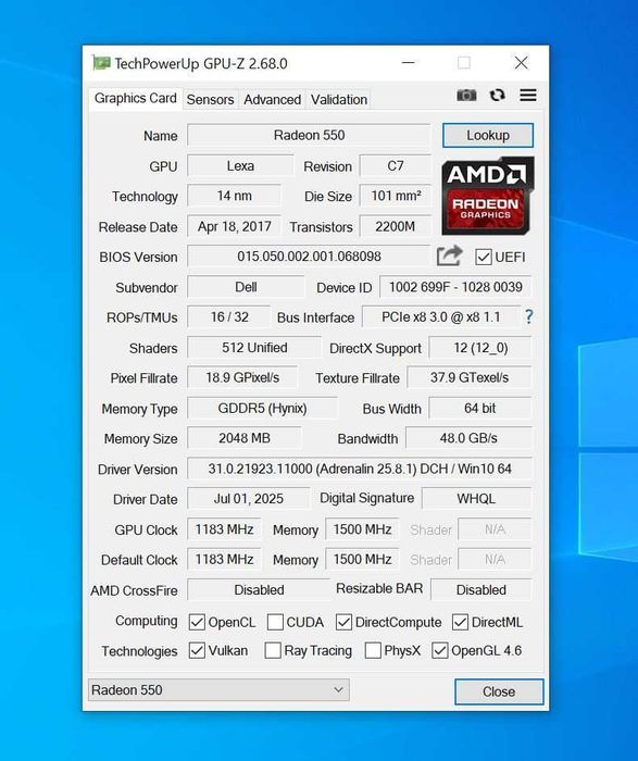 Radeon RX550 2GB GDDR5 DisplayPort + adaptor HDMI
