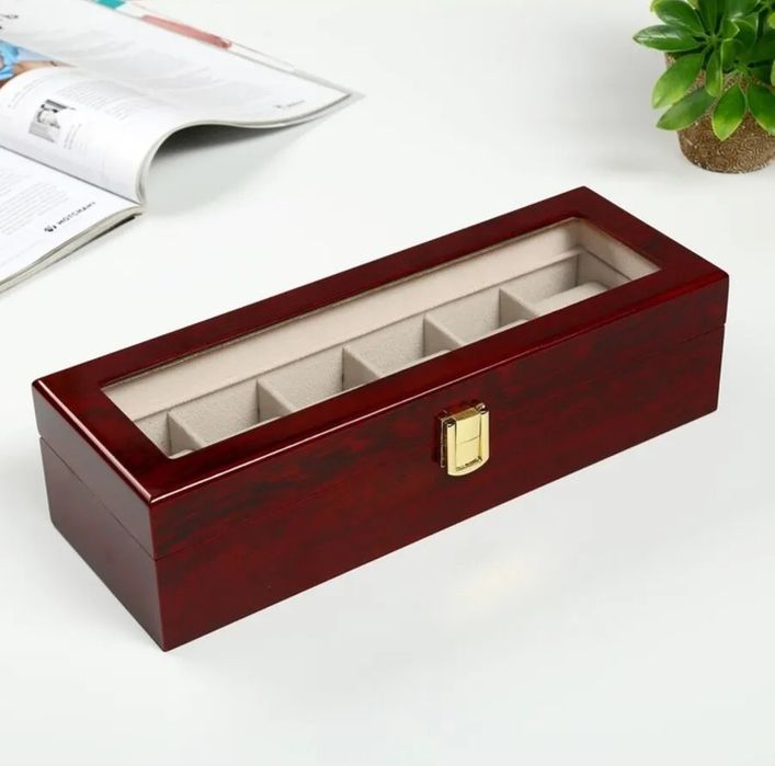 Шкатулка для часов и украшений 6 отделений Красно-коричневая дерево