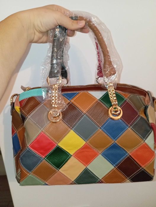 Geanta de piele naturala noua, multicolora,  cu eticheta