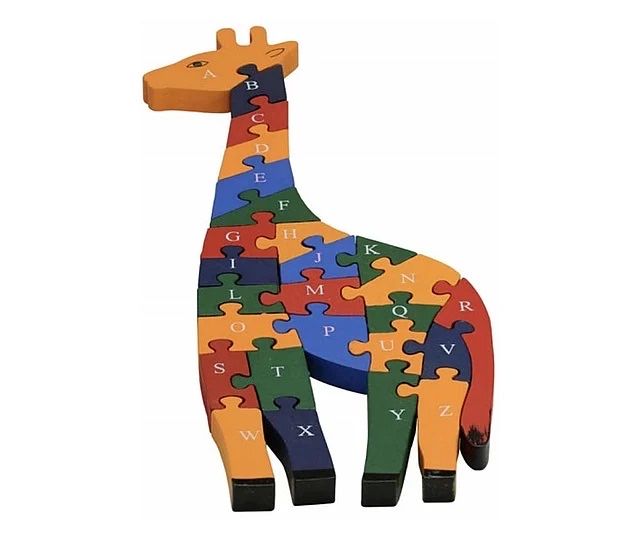 Puzzle pentru copii din lemn cifre si litere model girafa