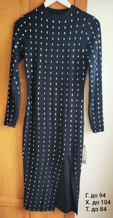Банкетна дамска черна рокля с камъни, машинна плетка; Over size: M÷XL