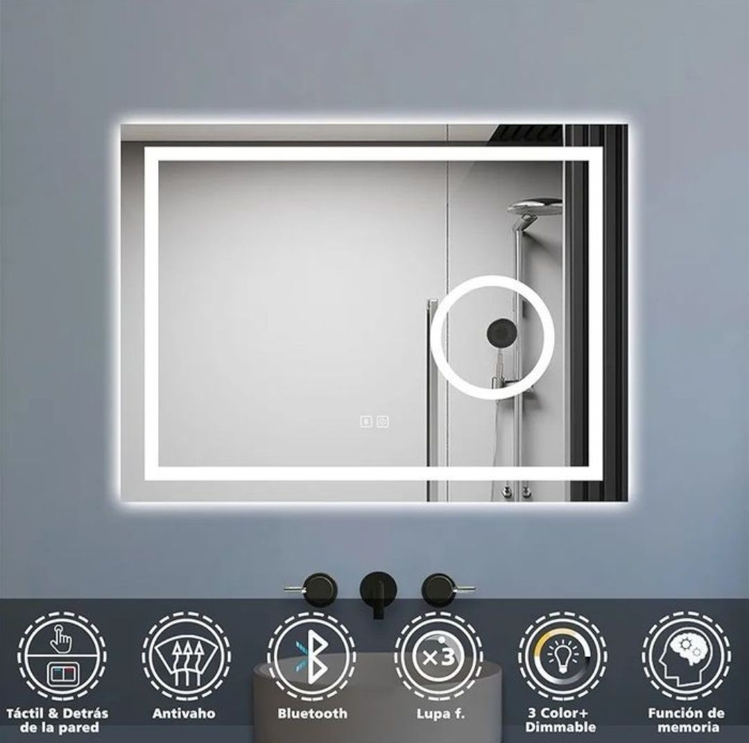 LED Огледало за баня 80×60, увеличителна част, обезпотител и bluetooth