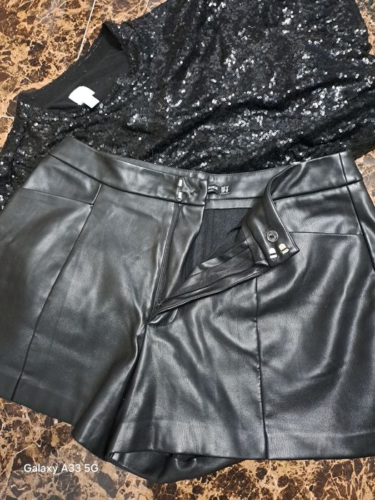 Seta dama pantaloni de piele și top cu paiete