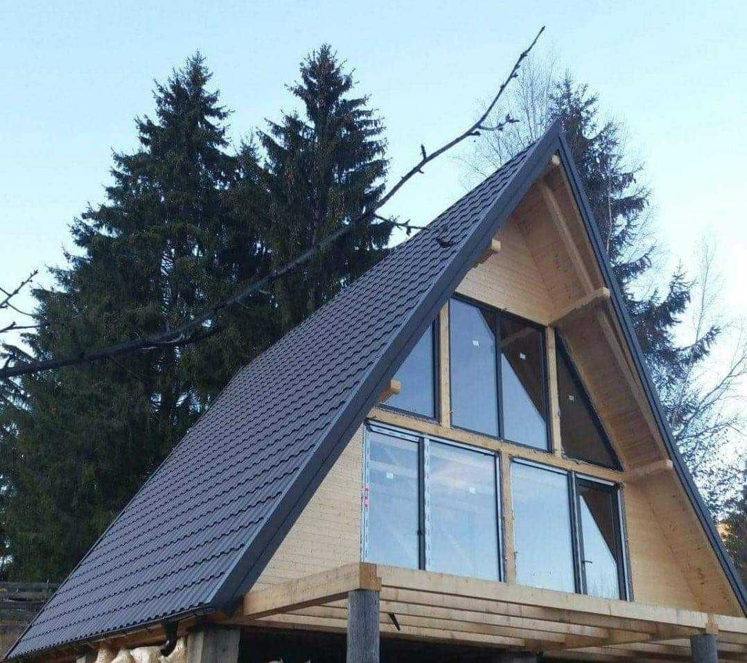 Cabana stil A Frame si casa la cheie din structura de lemn la cheie