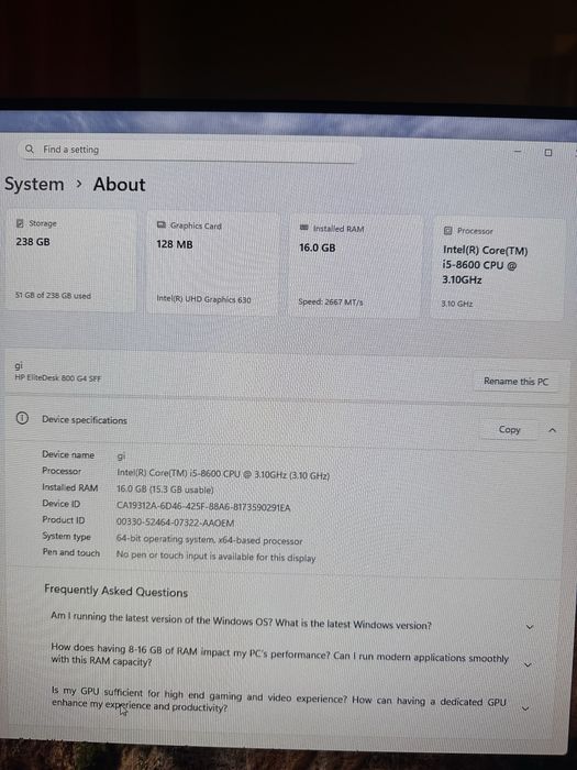 HP EliteDesk 800 G4 SFF i5-8600 CPU Sistem PC 256GB 16GB RAM