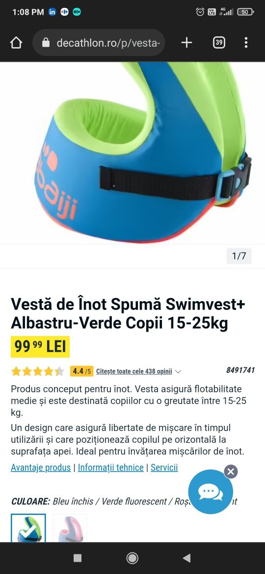 Vesta inot din spuma pentru copii Decathlon