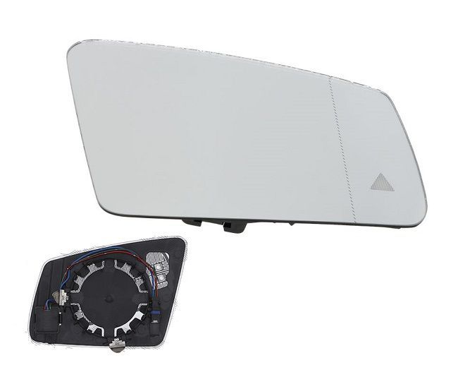 Geam oglinda exterioara cu suport fixare Mercedes Clasa A (W176), 06.2012-08.2018; Clasa B (W246), 09.2011-02.2019; Clasa C (W204), 2009-2014, partea Dreapta, incalzit; sticla asferica; geam cromat; cu fun
