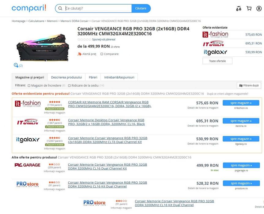 Memorie RAM Corsair Vengeance RGB PRO 32GB DDR4 3200MHz CL16 Dual Kit