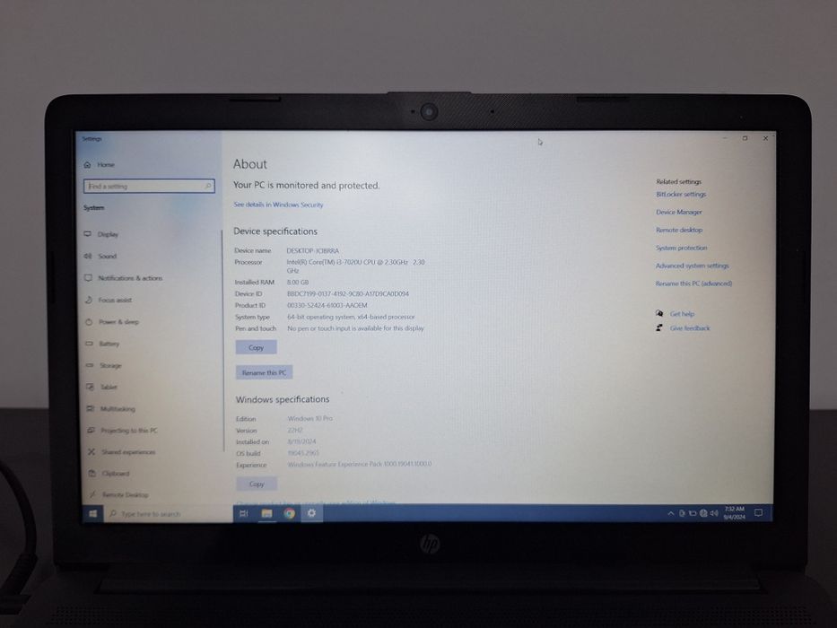 Laptop HP I3-7020 CPU 2,3GHz 8GB RAM