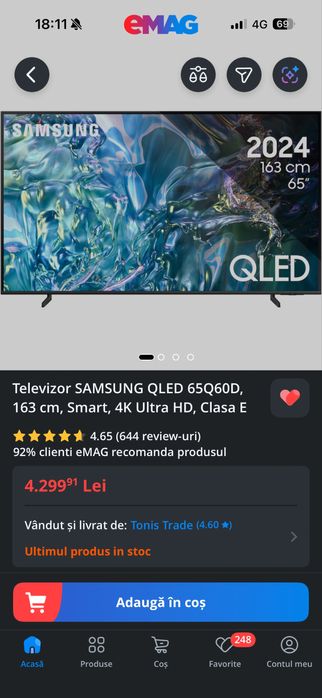 Televizor Samsung Qled 165 cm diagonala 65q60d