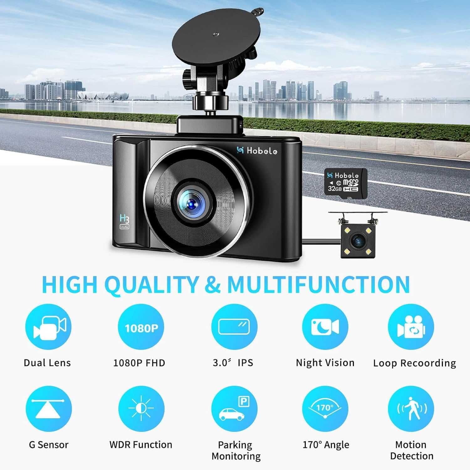 Hobele Dashcam отпред и отзад, двоен рекордер за кола с 32G SD, 1080P