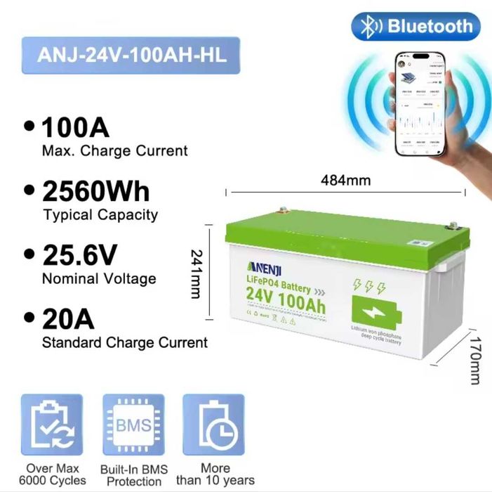 Baterie Anenji 24v 100ah cu Bluetooth