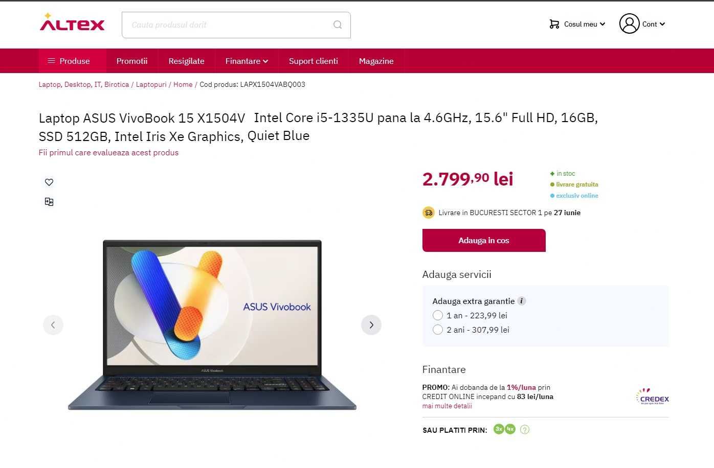 Laptop ASUS X1504V, i5-1335U , windows 11 , 16 gb ram -nou