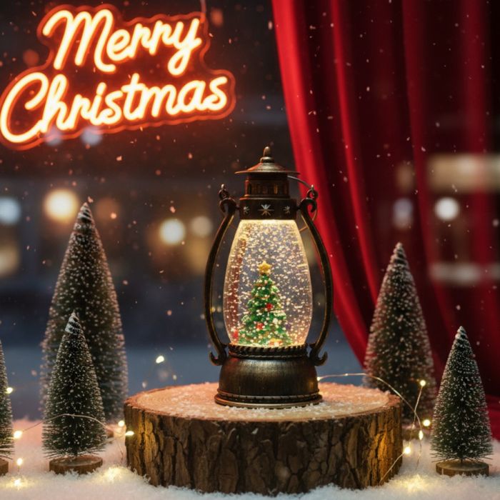 Ретро LED коледен фенер с падащ сняг – магическа светлина