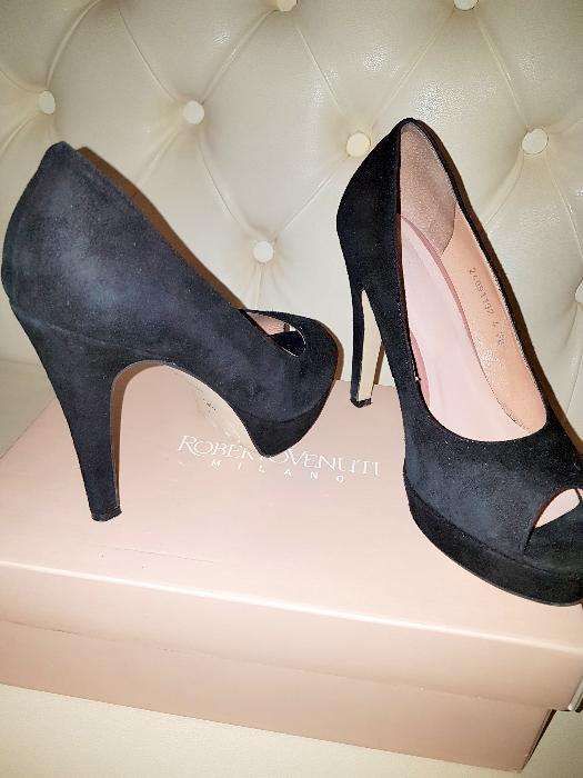 Vand pantofi Roberto Venuti, piele intoarsa, negri, toc 12 cm.