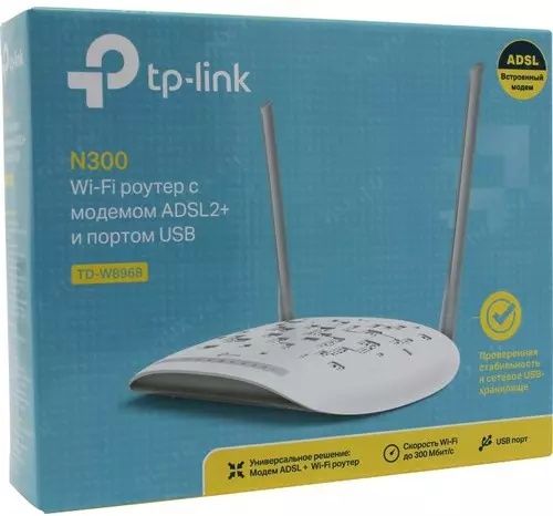 Модем TP-Link TD-W8968
N300 Wi-Fi роутер с ADSL2+ модемом и по
