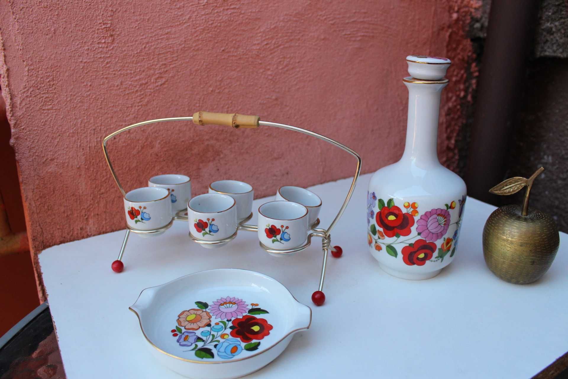 Set palinca 6 pers portelan KALOCSA, Ungaria, Folk Art, Buchet flori