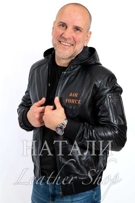 Кожен бомбър Александър с качулка