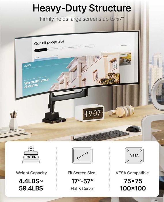 monTEK Стойка за ултраширок монитор 17-57 инча, до 27 кг, с USB, черна