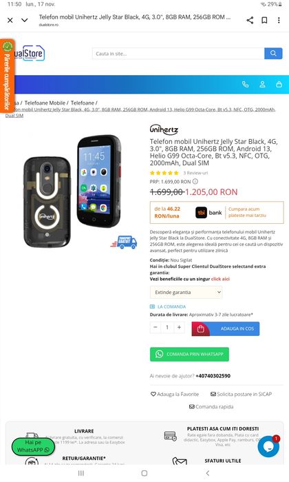 Unihertz Jelly Star negru,mic 3"inch,8GB RAM,256GB ROM,Android 13,NFC