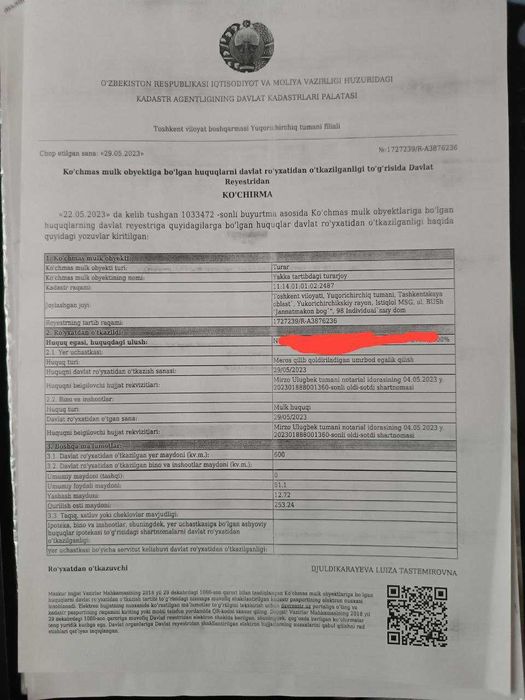 O'zimni uchastkam sotiladi. 6 sotix 4 hona Yangi UZBEKISTON!