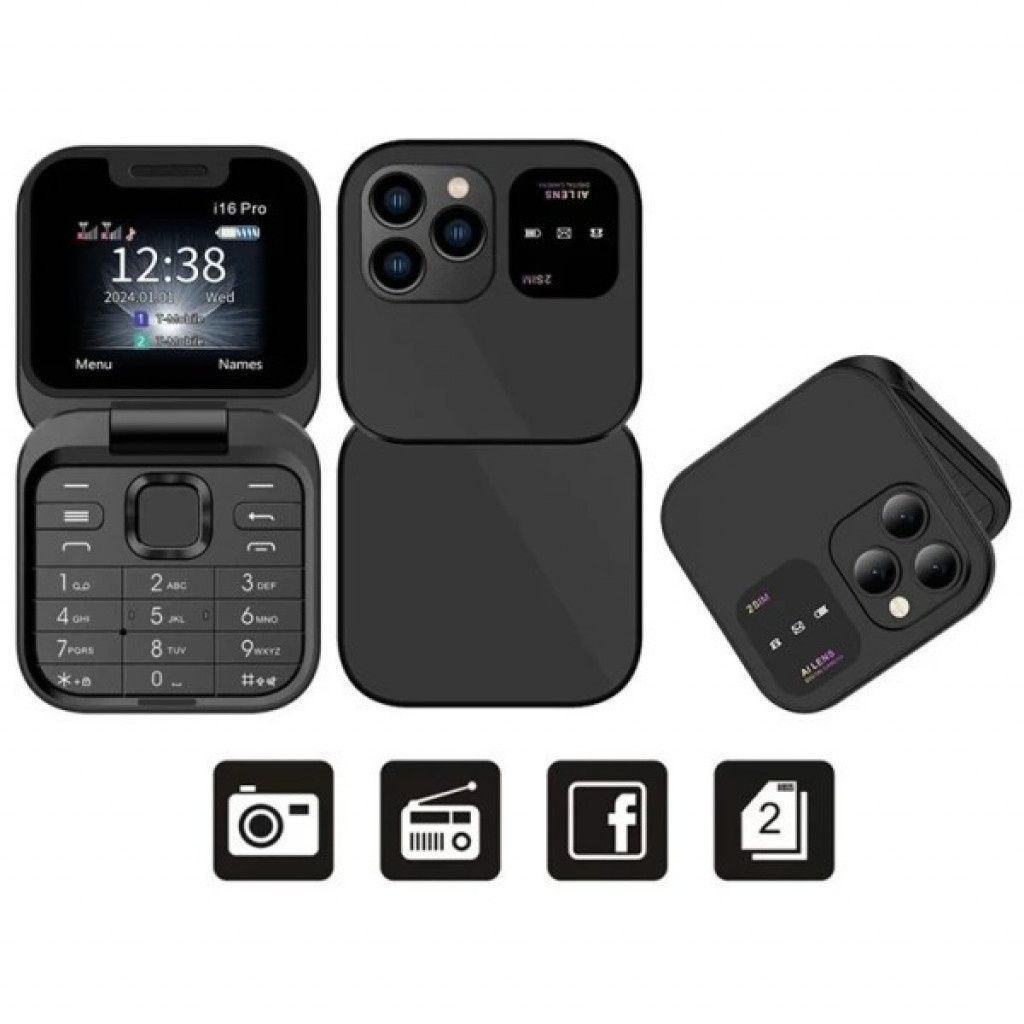 Мини Сгъваем Телефон i16 Pro – 2 SIM, Камера, Радио, Фенерче.