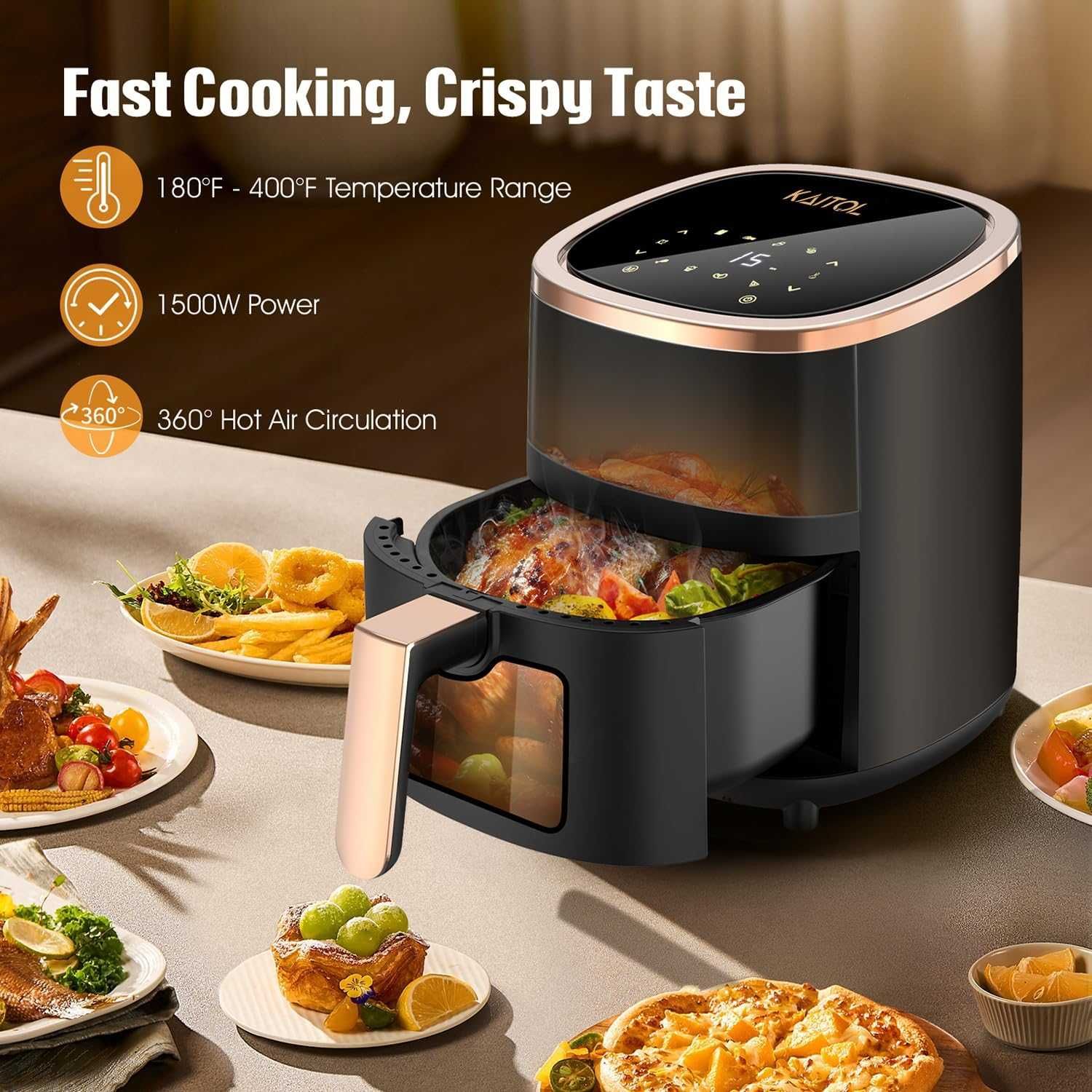 4-литров фритюрник с горещ въздух, прозорец, 1500 W, сензорен екран