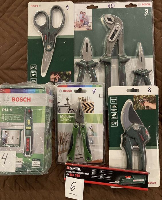 нивелир, шлайф, поялник, мултитул, ножици, клещи