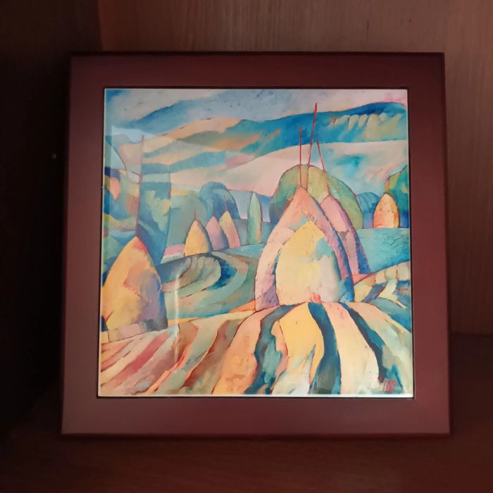 Reproducere pe ceramică ”Clăi de fân la Breb”, ramă lemn wenge