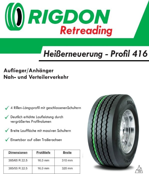 Нови тежкотоварни гуми за ремарке R22.5 385/55 Rigdon made in Germany