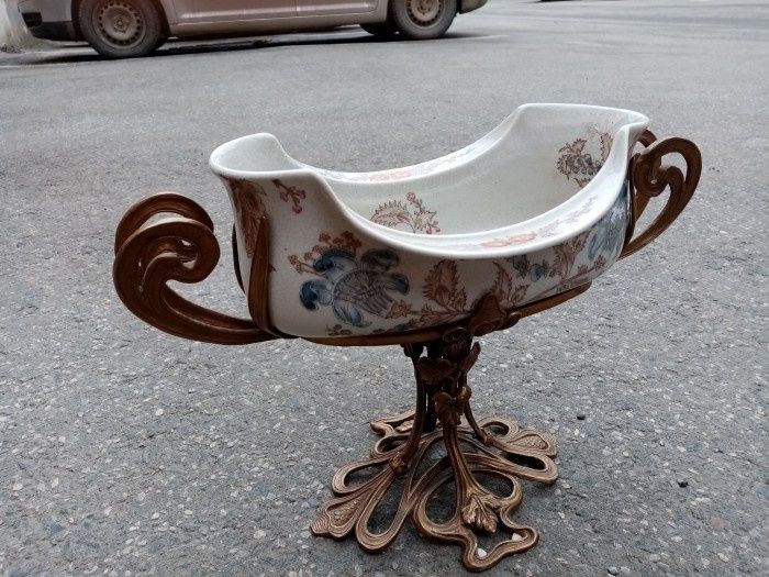 Centru de masa, fructiera de dimensiuni mari din porțelan cu bronz, pi