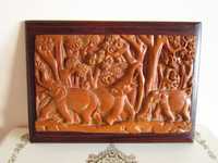 cadou rar Frăția elefantilor tablou 3D sculptura lemn Chempaka'80