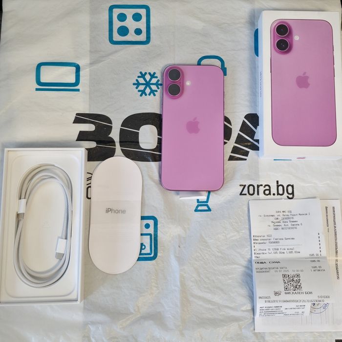 35 цикли КАТО НОВ 128GB iPhone 16 ЗОРА Гаранция 2027г. Pink / Розов