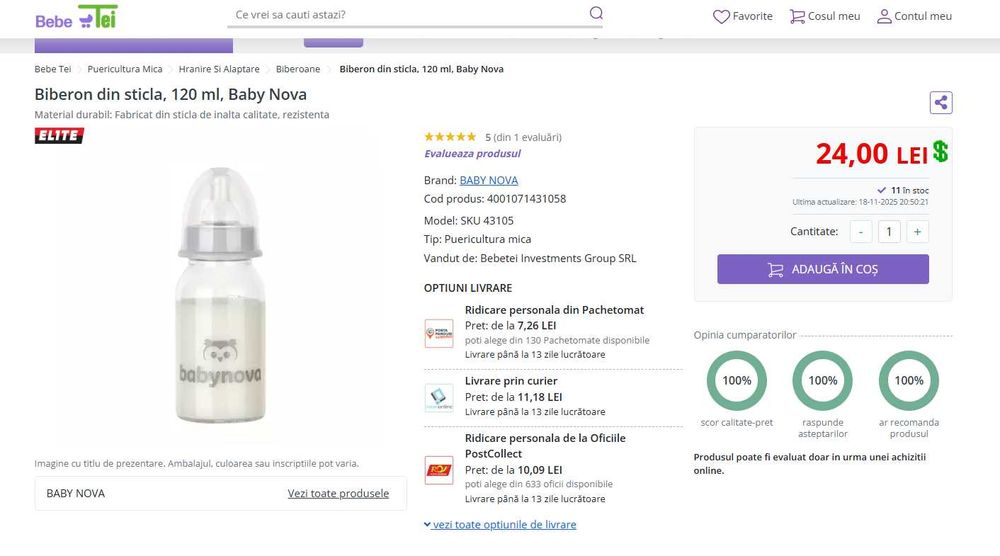 Biberoane Noi Babynova de sticla fara BPA, 120 ml (20 lei buc)