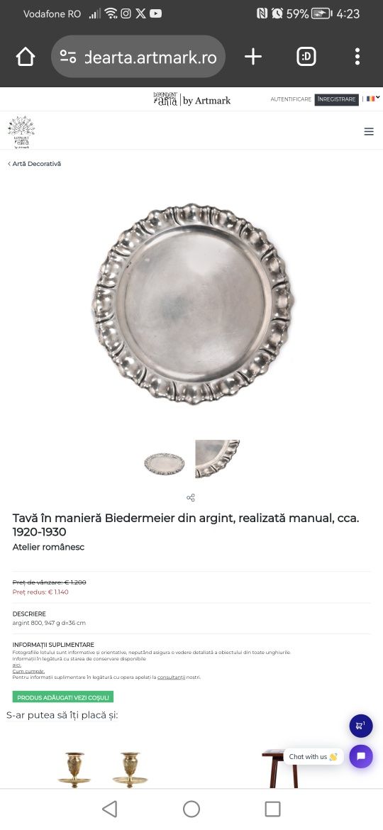 Tava, fructiera, platou argint masiv Biedermeier atelier Romanesc