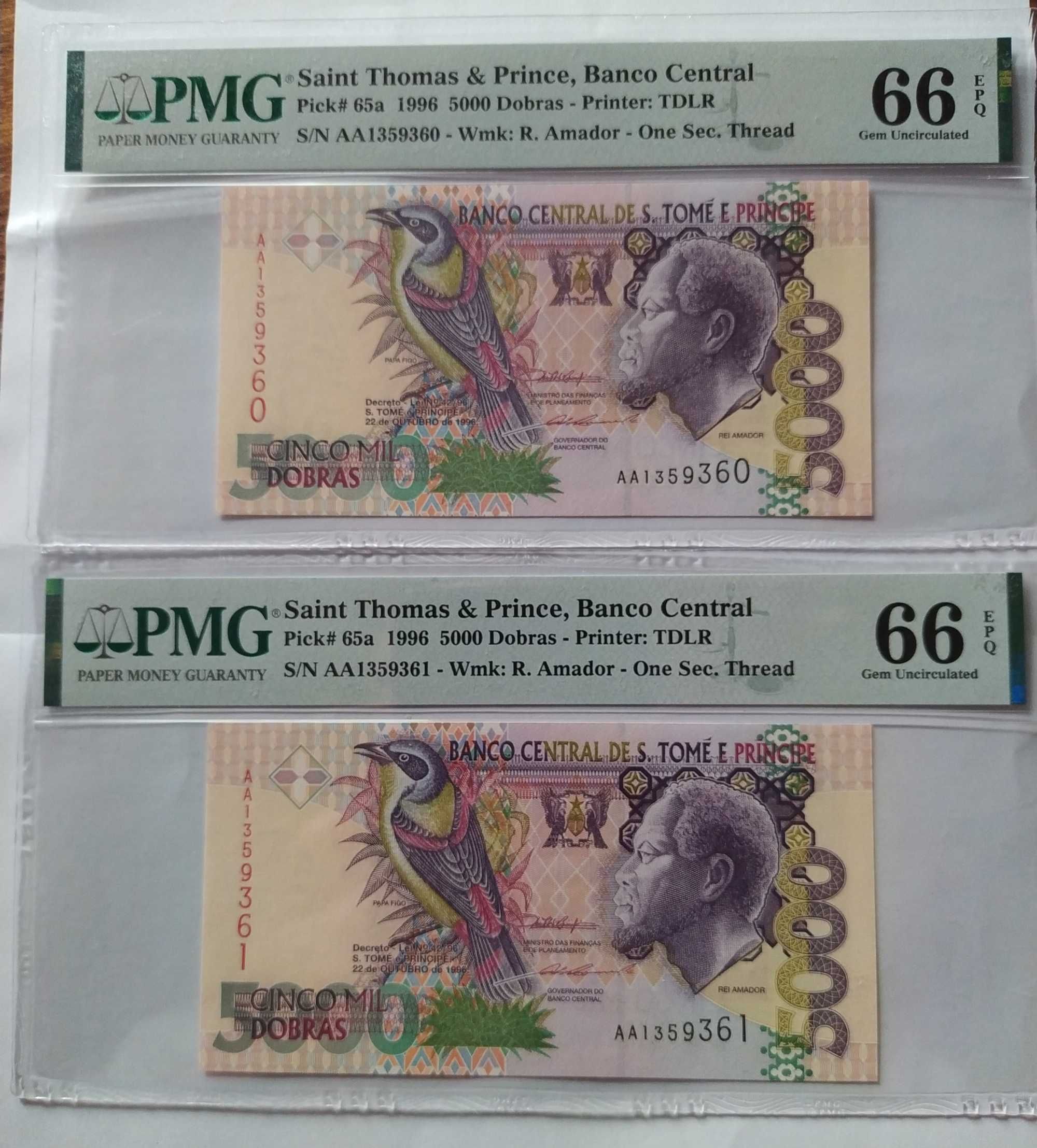 PMG 66 - 2 банкноти с поредни номера Сао Томе и Принсипи - 5000 добрас