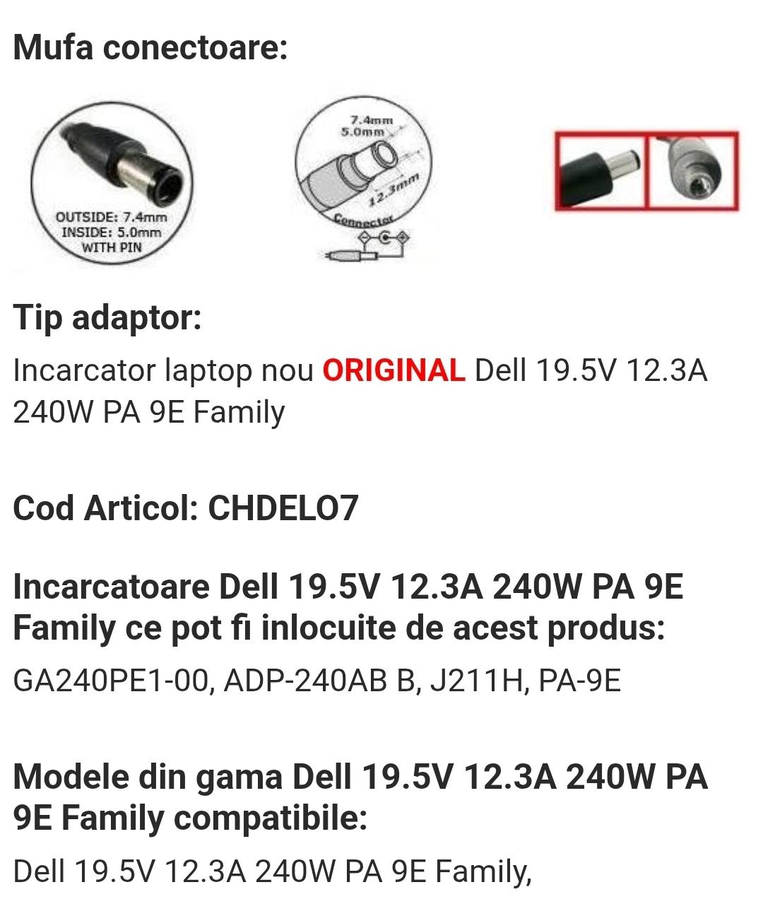 Incarcator Dell 19.5V 12.3A 240W PA 9E Family