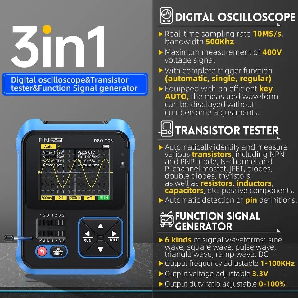 Osciloscop digital 3 in 1, tester componente electronice, tester LCR.