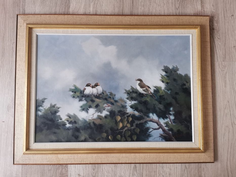 Антикварна картина в рамка и паспарту УОЛТЪР ЛИЛЕНБЕРГ „ПТИЦИ НА КЛОН“