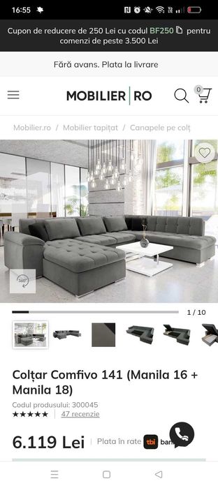 Canapea în formă de U