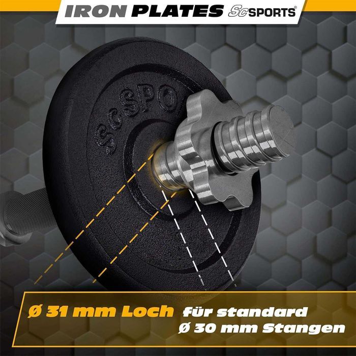 Plăci de greutate din fontă, 2 x 5 kg, gaură de 30 / 31 mm