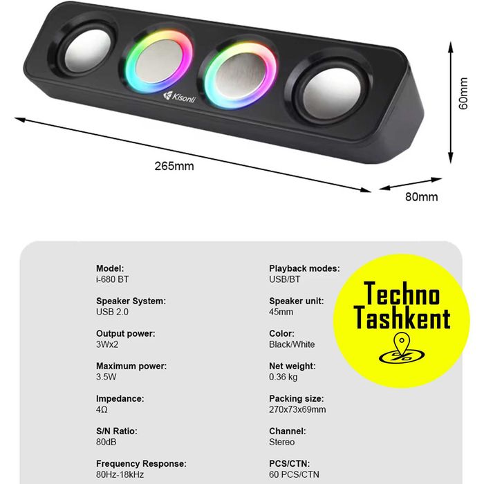 Компьютерные колонки Kisonli i-680BT, Bluetooth, AUX,2x3W, саундбар