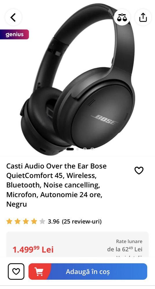 Bose QuietComfort 45,negru,autonomie 24 ore